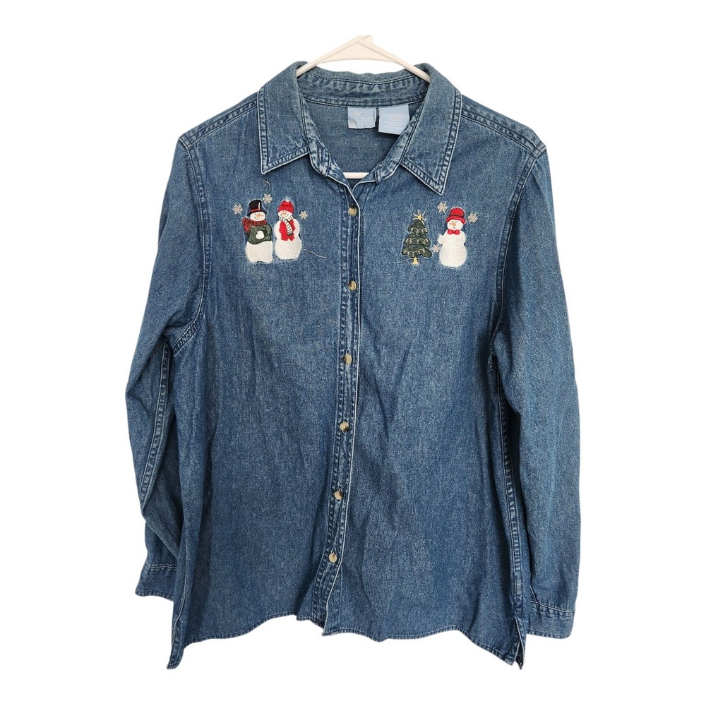 Holiday Editions Womens Large Denim Shirt Christmas Snowman Embroidered Vintage
